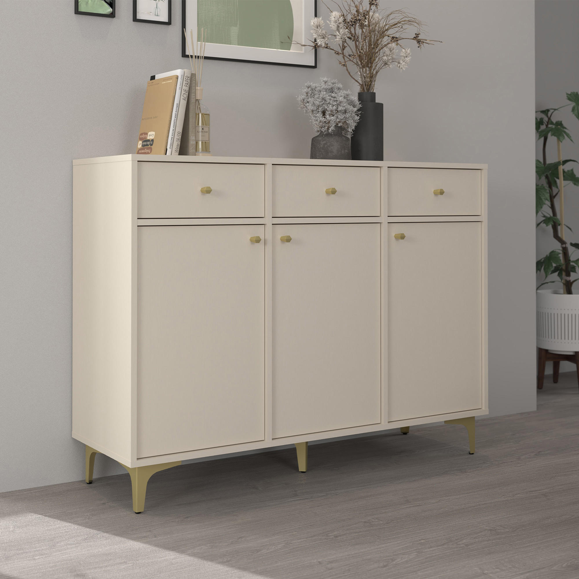 KOMMODE FLOREN, Creme/Gold - Creme, Holzwerkstoff/Metall (124.5/93.5/40.8cm) - KONSIMO®