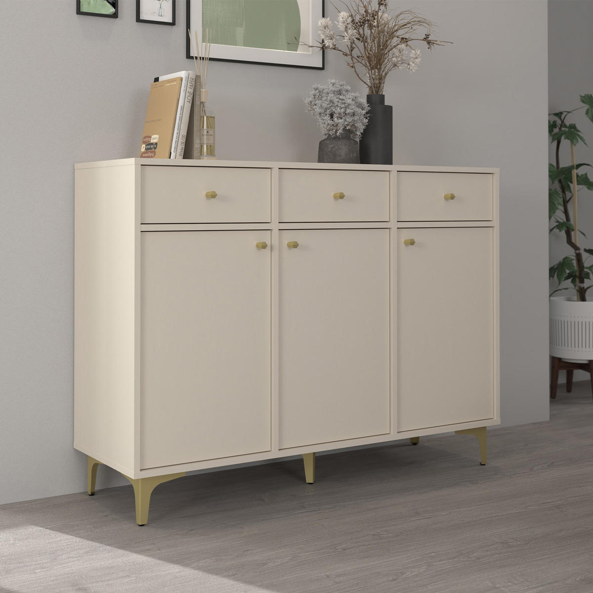 KOMMODE FLOREN, Creme/Gold - Creme, Holzwerkstoff/Metall (124.5/93.5/40.8cm) - KONSIMO®
