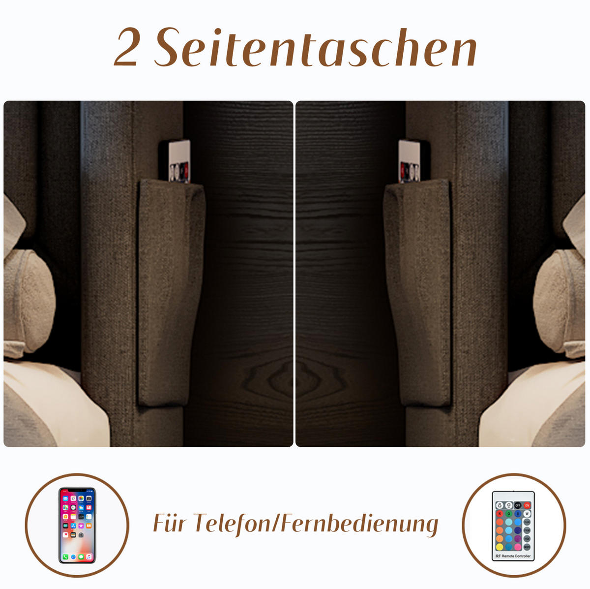 POLSTERBETT 90/200 cm Grau aus Baumwoll-Leinenstoff mit LED und Ladefunktion - Grau, Textil (90/200cm) - OKMYHOME