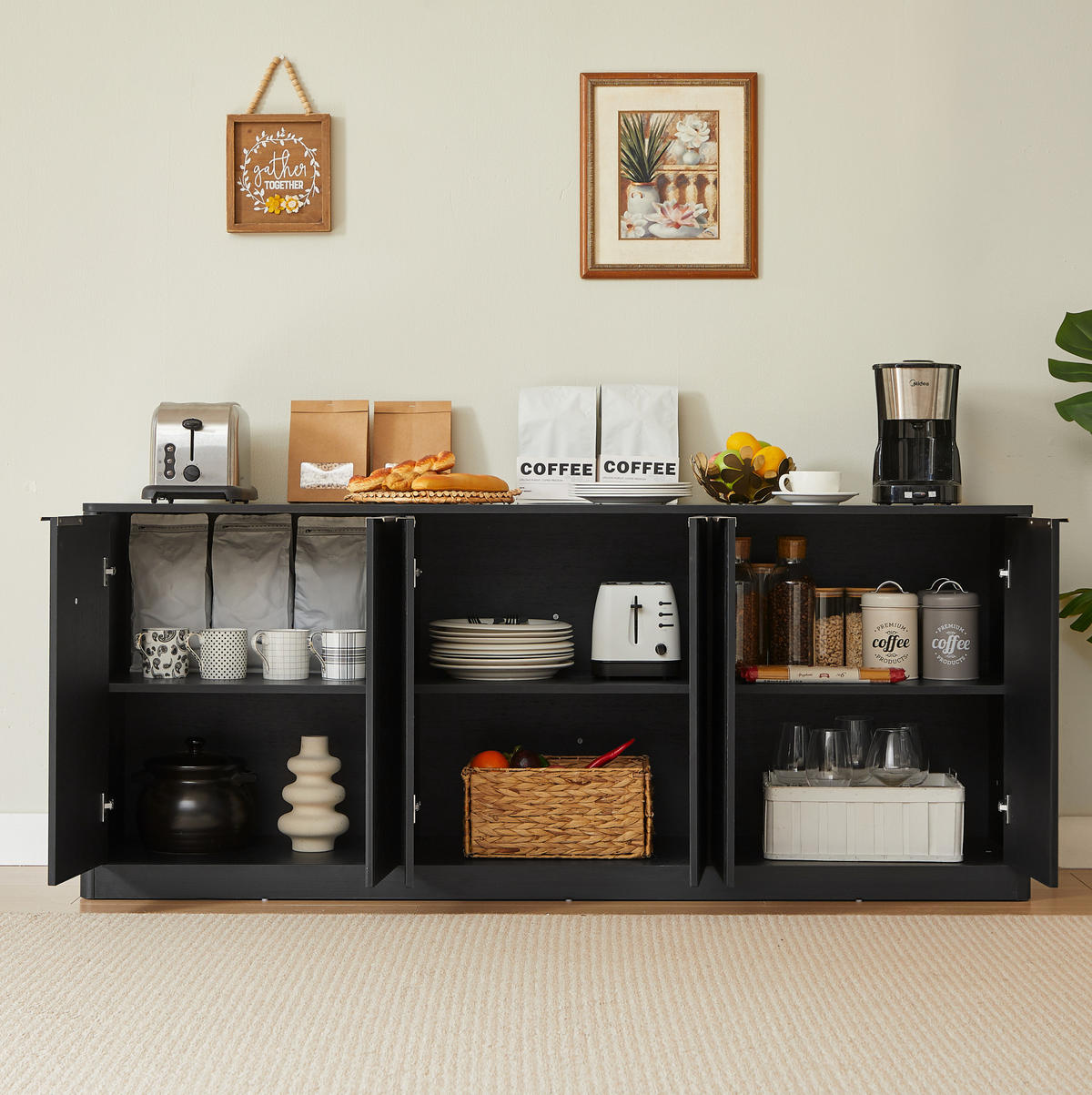 SIDEBOARD 170/40/70,5 cm in Schwarz mit 6 Türen und Wellenfront - Schwarz, Holzwerkstoff (170/70.5/40cm) - Flora Grace
