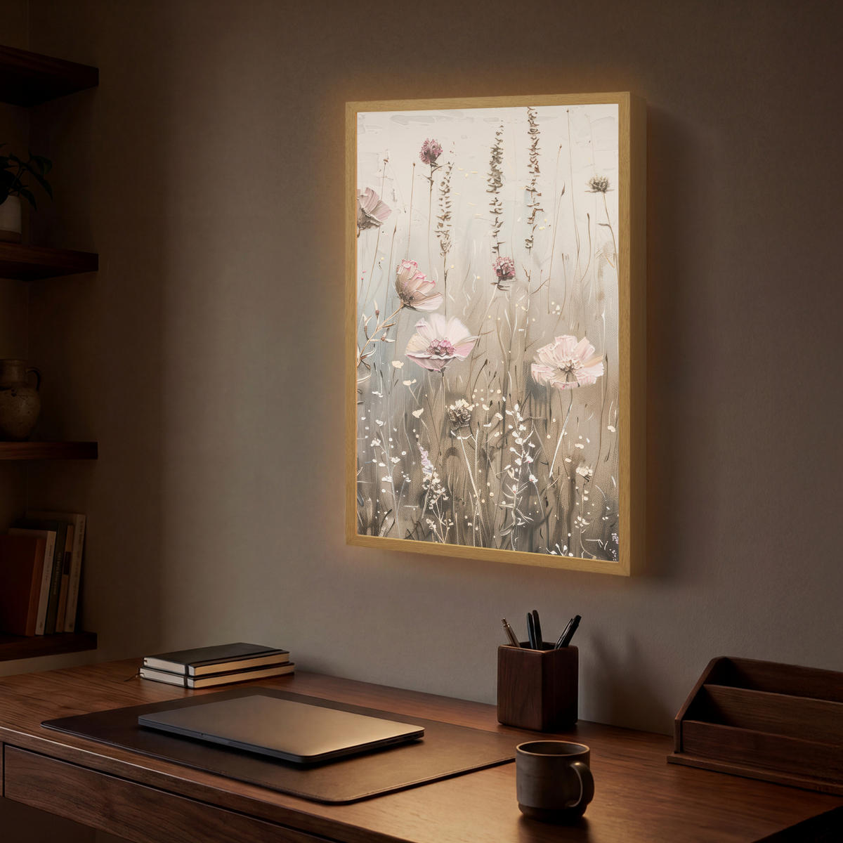 NÁSTĚNNÁ LAMPA S AKUMULÁTOREM Květiny - růžová - moderní - béžová 40x60 cm - starorůžová, kompozitní dřevo (40/60/8cm) - OnlyWow