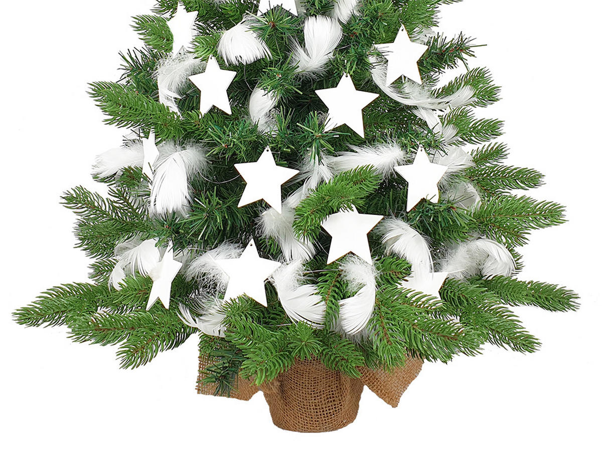 WEIHNACHTSBAUM künstlicher 60 cm mit LED-Beleuchtung, WINTERKÖNIG, mit 32 Weihnachtsbaumschmuck, Pflanztopf mit Jutesack - Silberfarben/Weiß, Kunststoff/Stein (40/60cm) - LAALU