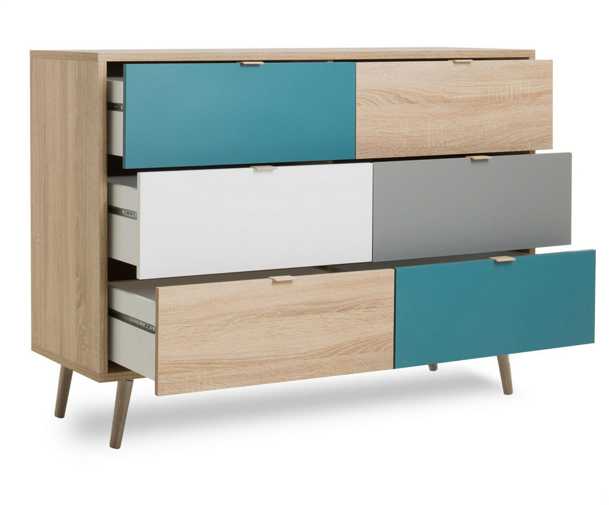 SCHUBLADENKOMMODE Eiche Sonoma, Petrol, weiß, grau, Kommode Tricolor skandinavisch - Eichefarben/Petrol, Holz/Holzwerkstoff (120/87/40cm) - Furn.Design
