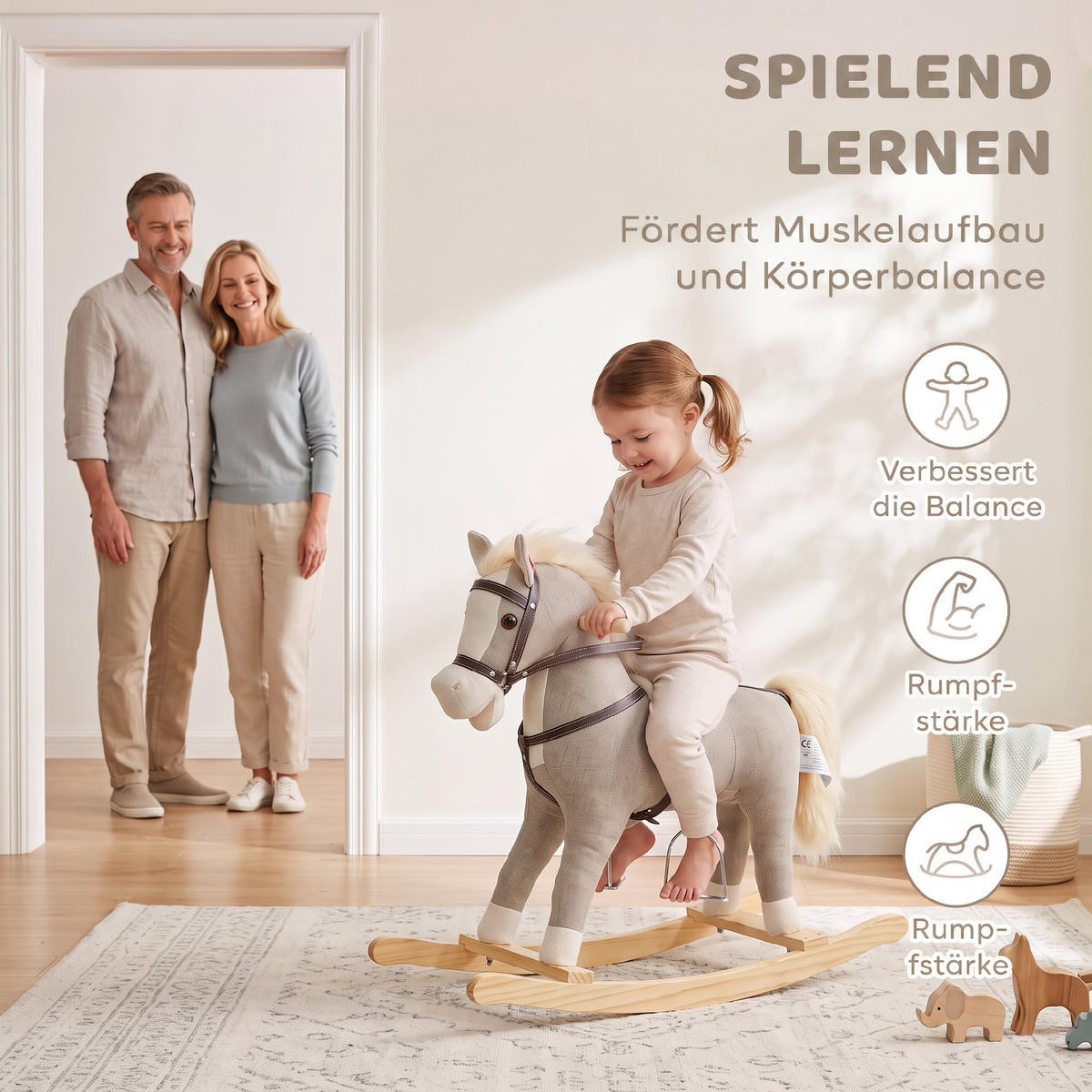 KINDER-SCHAUKELPFERD Polyester Metall Grau - Grau, Holz (30/68/71cm) - AIYAPLAY