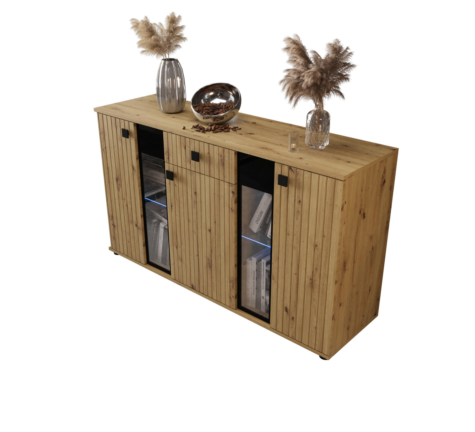 KOMMODE London LSMK LAMELE mit 3 Türen, Sideboard in Farbe: Braun, Größe: 140 x 80 x 40 cm - Braun, Holzwerkstoff (140/80/40cm) - O-Sofa