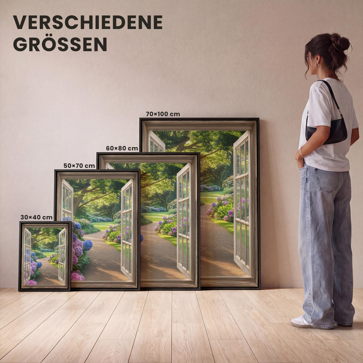 LEINWAND Bilder mit Rahmen - Aussicht - Garten - Fenster - Hortensie - Blumen - 50x70 - Pastellblau, Textil (50/70cm) - MuchoWow