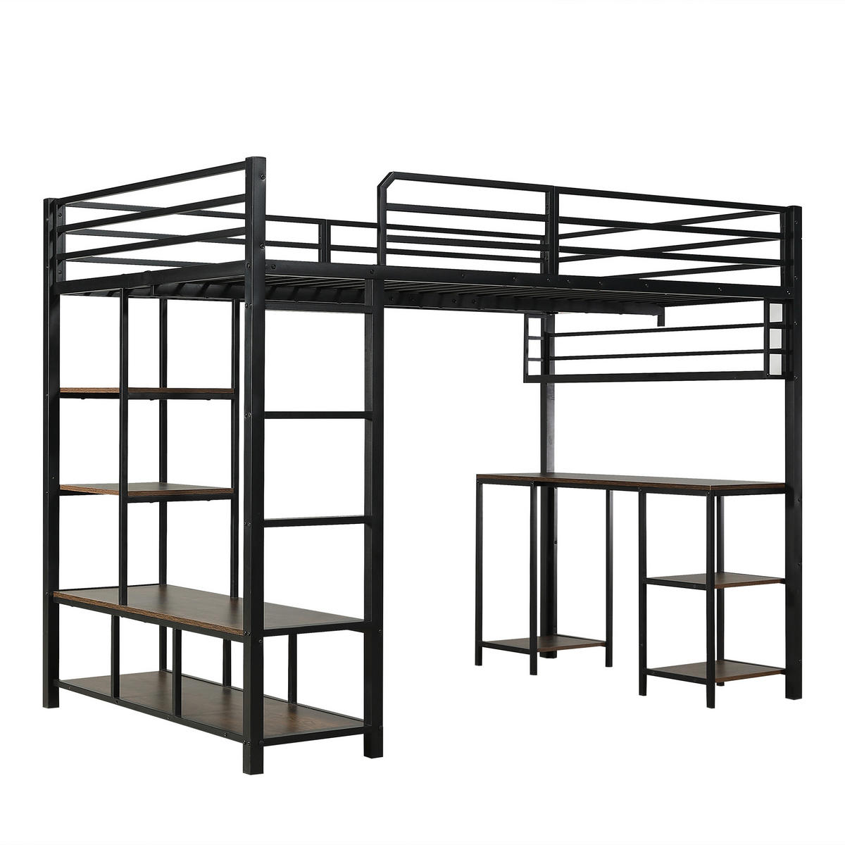 HOCHBETT 120/200 cm DE-02357, in Schwarz, mit Schreibtisch, Ablagefläche und 4-stufiger Leiter - Walnussfarben/Schwarz, Holzwerkstoff/Metall (120/200cm) - ComfortXL