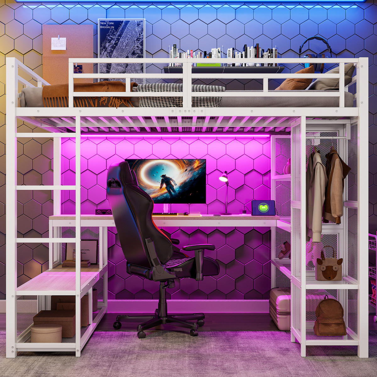HOCHBETT 140/200 cm weiß aus Metall und MDF mit Schreibtisch, Kleiderschrank, USB und LED - Weiß, Holzwerkstoff (140/200cm) - OKWISH