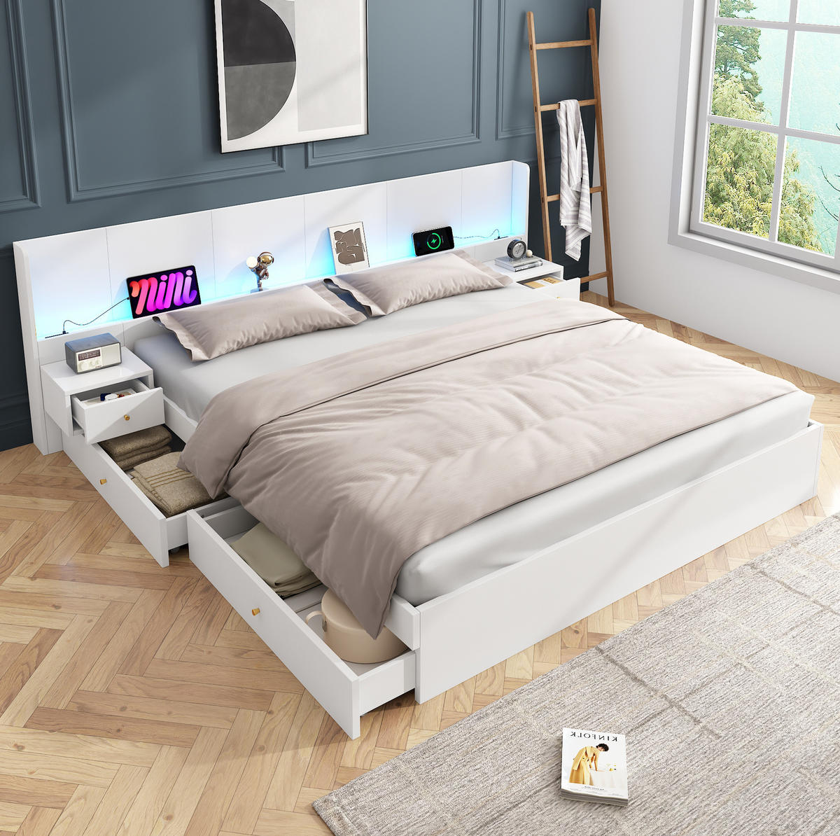 DOPPELBETT 180/200 cm in Weiß mit LED, USB, Steckdose, 2 Nachttischen & Schubladen - Weiß, Holzwerkstoff (180/200cm) - BEAOK