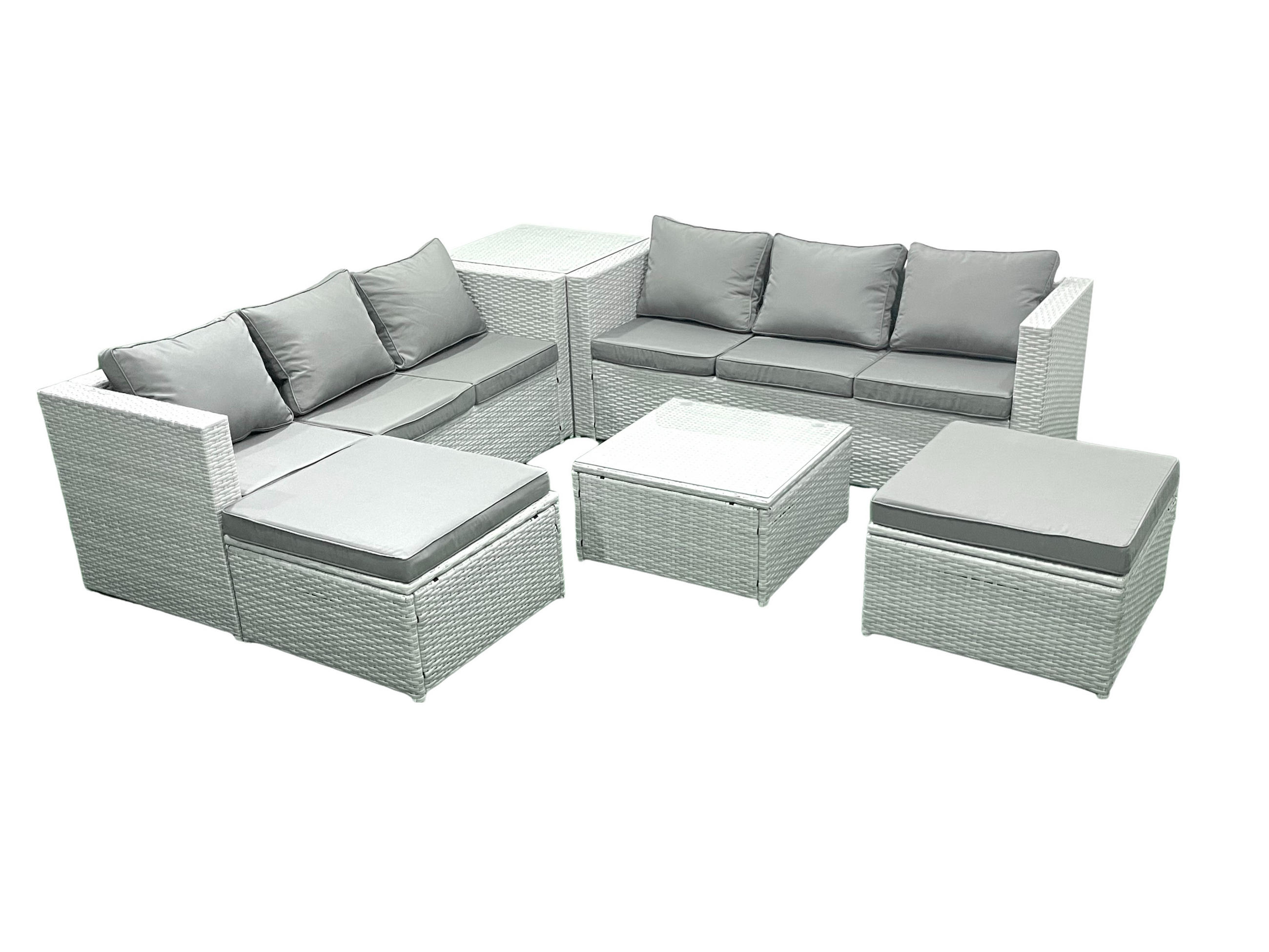 GARTENMÖBEL-SET mit Kissen Polyrattan Hellgrau-Mix 8-Sitzer - Hellgrau/Grau, Glas/Kunststoff - Fimous
