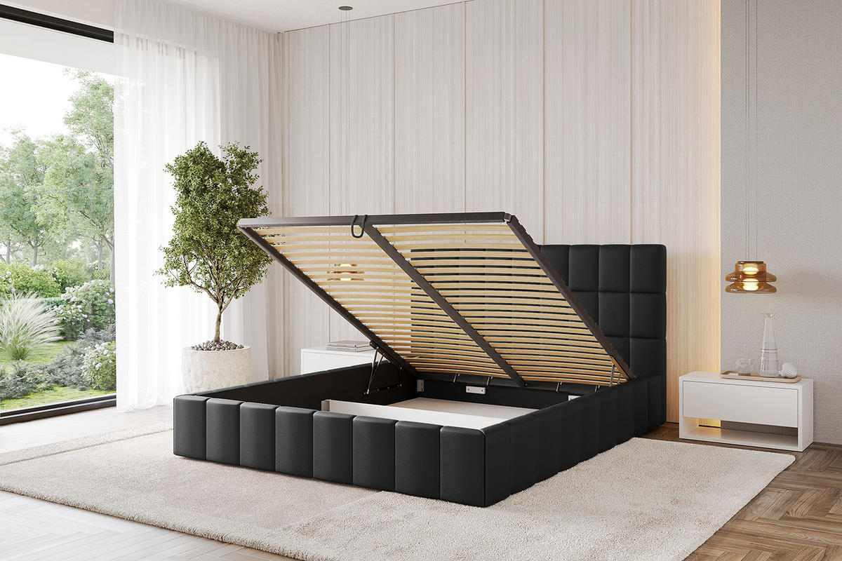 POLSTERBETT mit Bettkasten und Lattenrost, Boxbett ohne Matratze - AMEA 180x200 Schwarz Kunstleder - Schwarz Hochglanz, Holzwerkstoff/Textil (180/200cm) - ALTDECOR