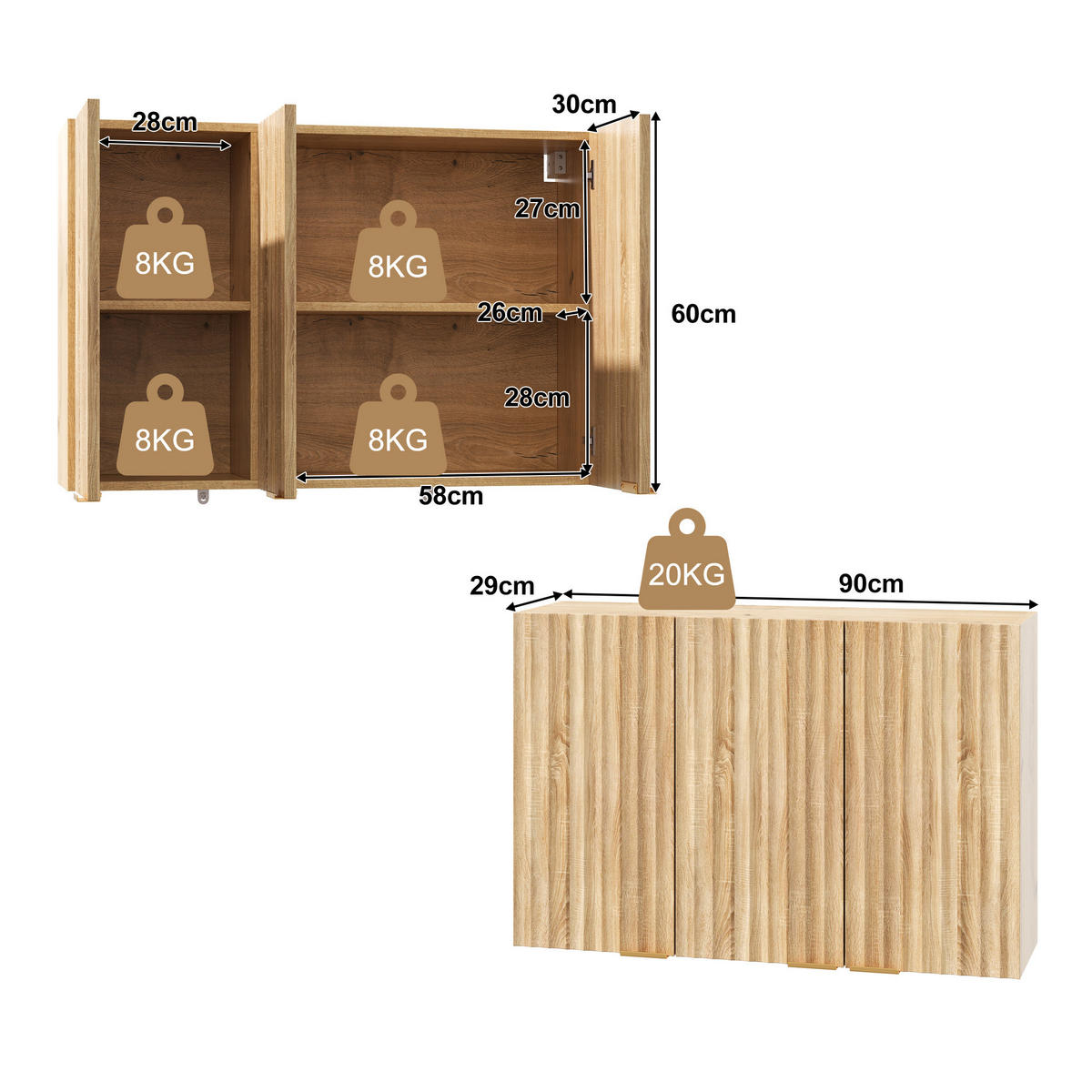 HÄNGESCHRANK DE-38748 90/29/60 cm 3 Türen und Wellenstruktur Natur - Naturfarben, Holzwerkstoff (90/60/29cm) - ComfortXL