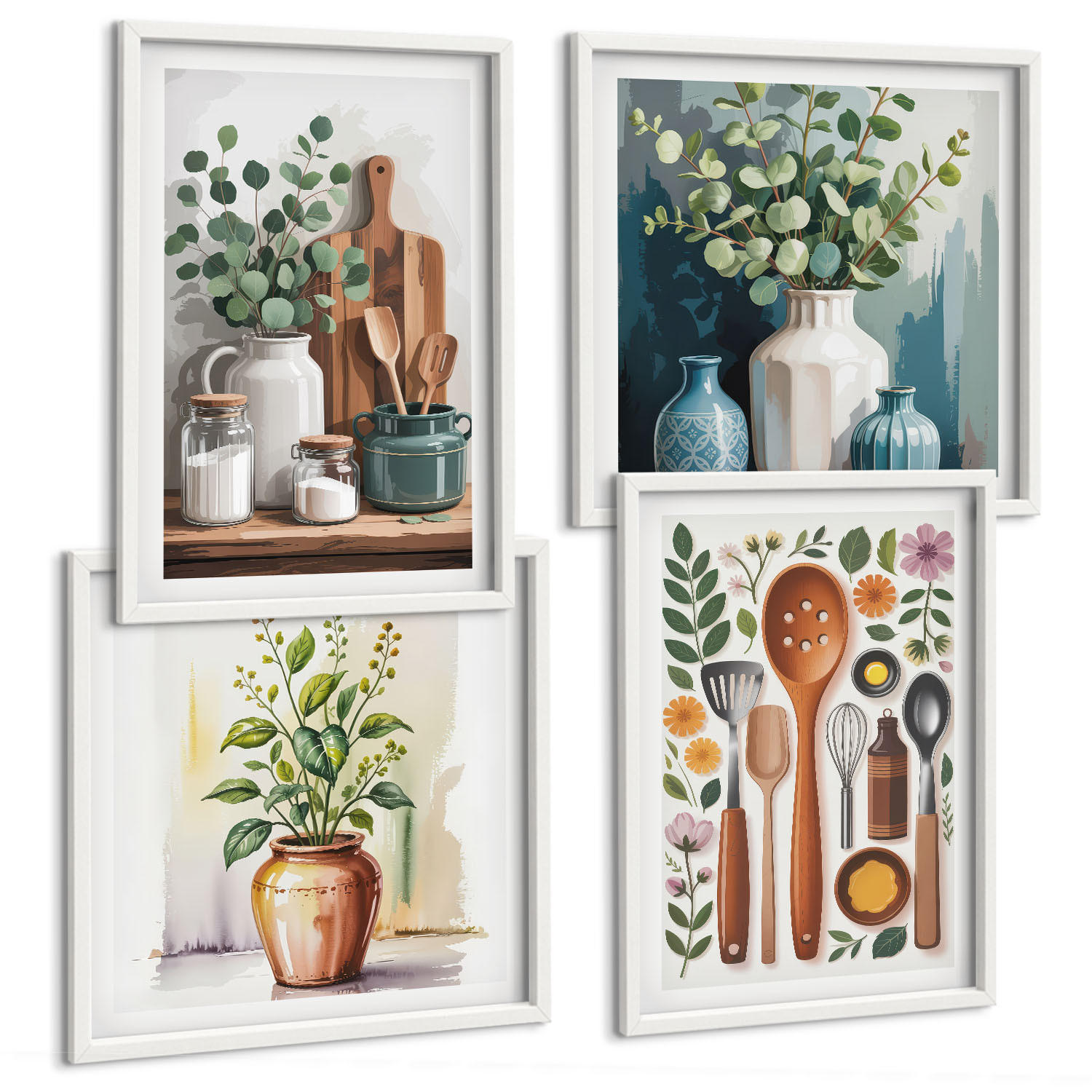 BILDER SET 4er Set - 50x50 cm & 40x60 cm Weißer Rahmen - Küchenaccessoires auf pflanzlicher Basis - Weiß, Kunststoff (50/50cm) - TULUP
