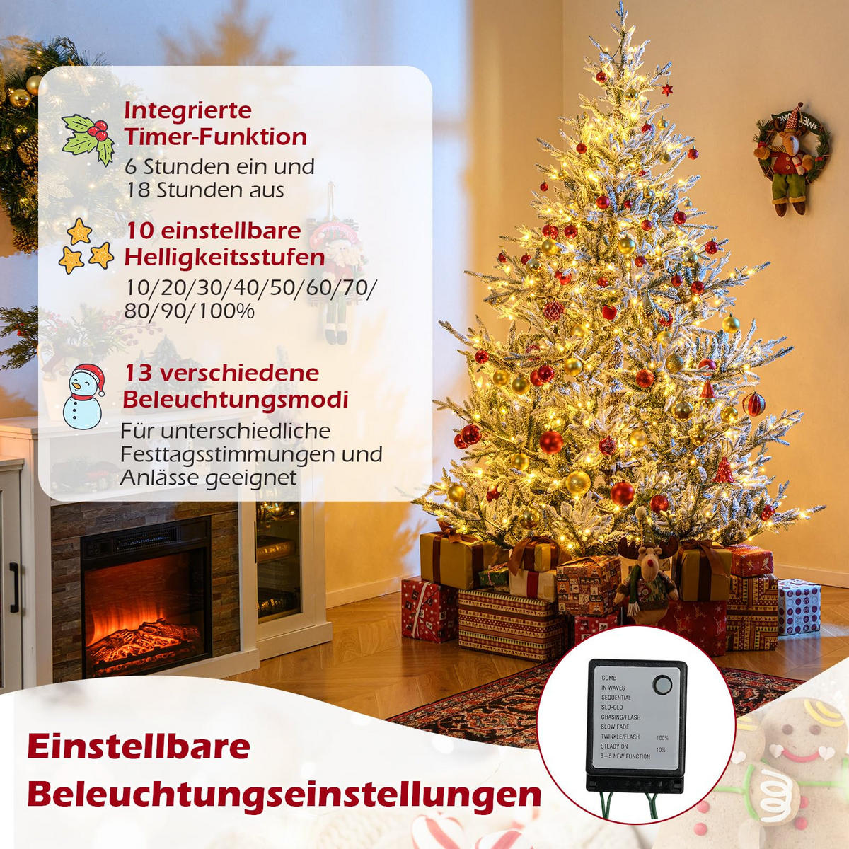 WEIHNACHTSBAUM mit 13 Modi Beleuchtung und Schnee 210 cm grün - Grün, Metall (210cm) - COSTWAY