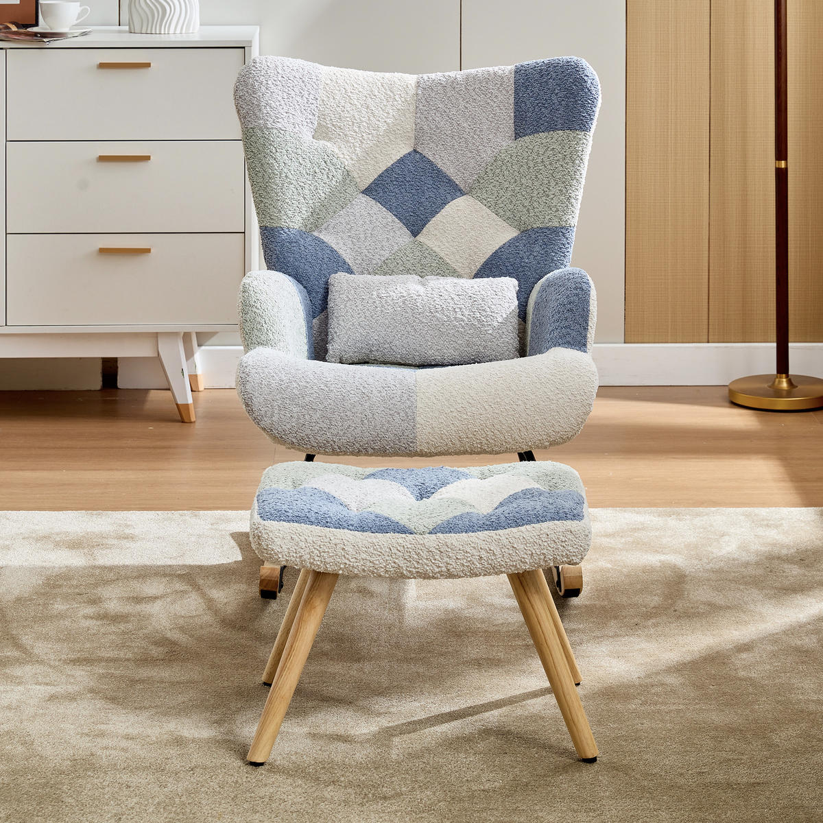 SCHAUKELESESSEL mit Hocker Stoff Patchwork gepolstert 110kg - Multicolor, Textil (122/91/68cm) - FLIEKS