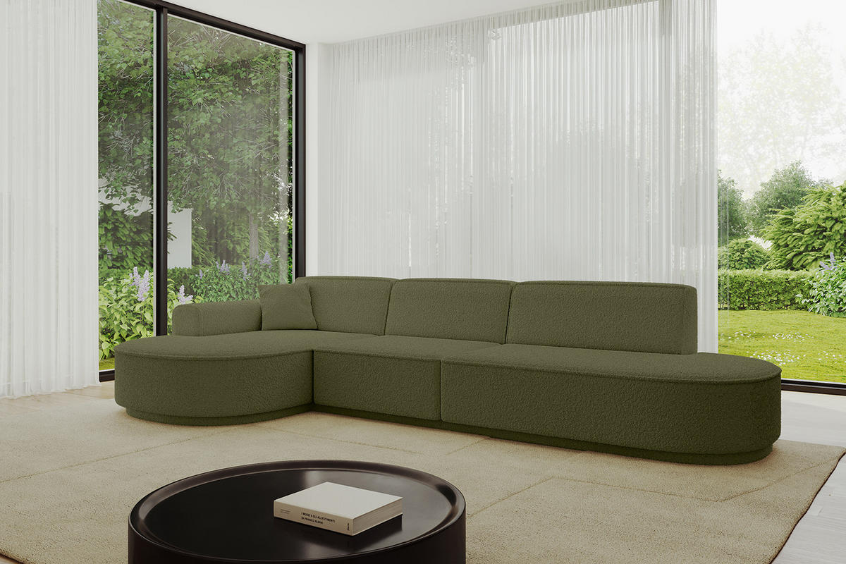 ECKSOFA Ottomane Links MARI-L2-v3 - 328x171x83 cm Grün Bouclé - Schwarz/Grün, Holzwerkstoff/Kunststoff (328/171cm) - ALTDECOR