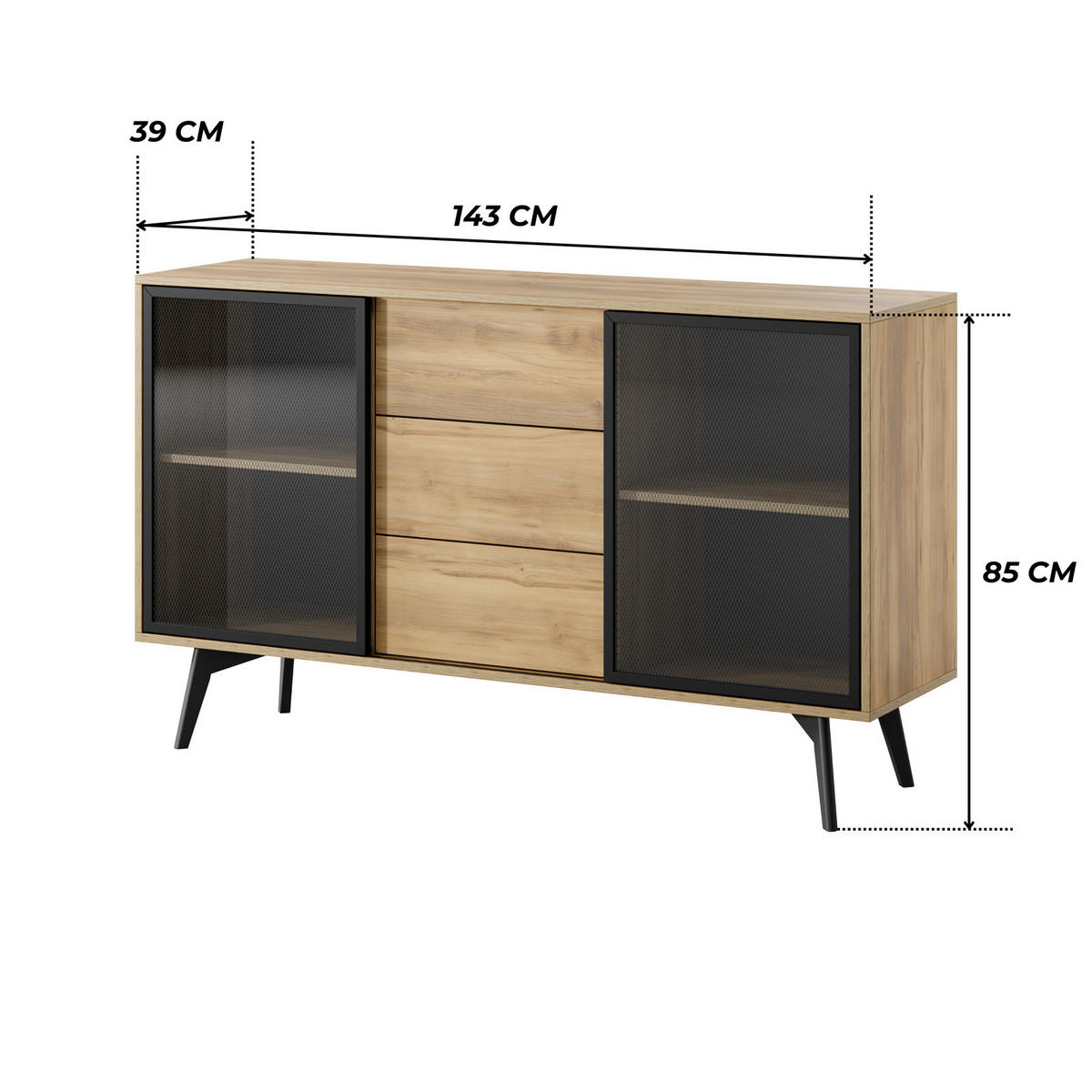 SIDEBOARD MOTTI KSZ144 144 cm (Barock Eiche, Glas-Schiebetüren, Push to Open, Schwarze Details) - Eichefarben/Schwarz, Glas/Holz (143/85/39cm) - Ravio