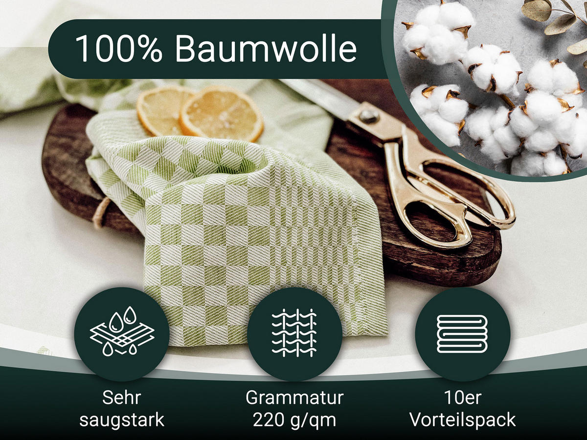 GESCHIRRTÜCHER, 10er-Set, 46x70 cm, 100% Baumwolle, Grün - Salbeigrün, Textil (46/70cm) - Zollner