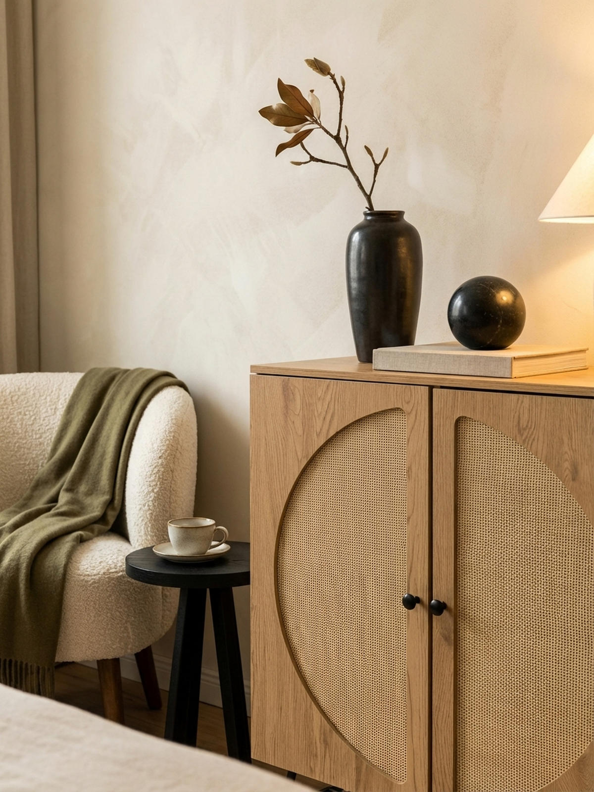 SIDEBOARD – Eiche-Dekor/Rattan, 80x103x39 cm, 2 Türen, hoch - Schwarz/Braun, Holzwerkstoff/Metall (80/103/39cm) - KADIMA DESIGN