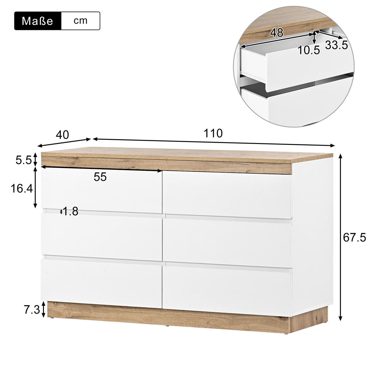 SIDEBOARD in Weiß und Eiche Kommode mit 6 Schubladen und Schließfach für Schlafzimmer und Wohnzimmer, B110/T40/H67.5cm - Eichefarben/Weiß, Holzwerkstoff/Metall (110/67.5/40cm) - STILVORA
