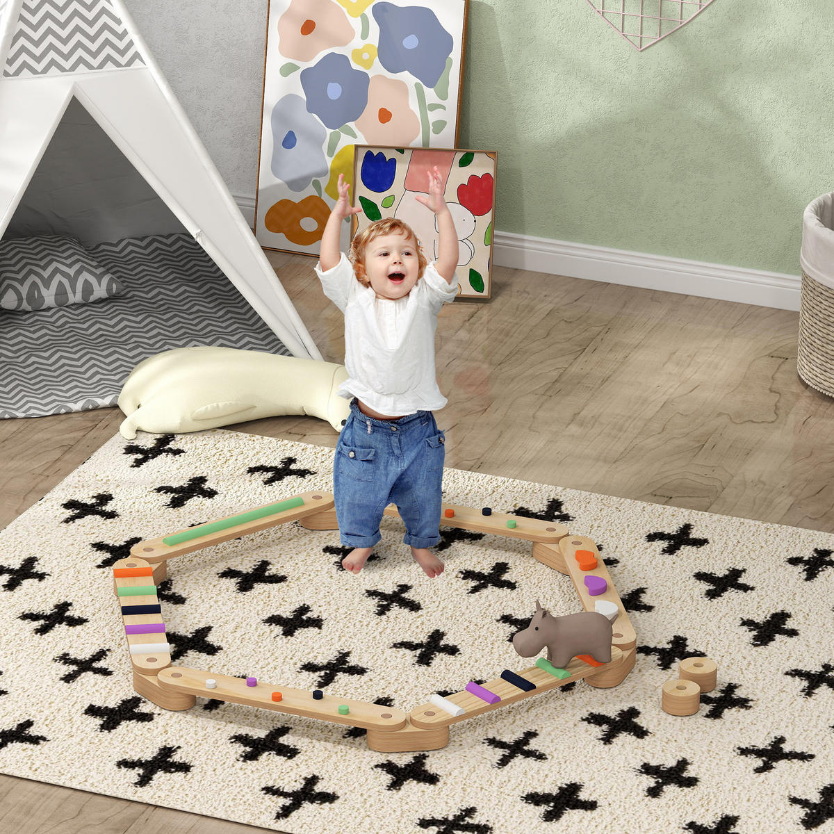 BALANCEBALKEN-KINDERSET aus Holz, 3-8 Jahre, zweiseitig, für Koordination - Multicolor, Holzwerkstoff (115/8.5/130cm) - AIYAPLAY