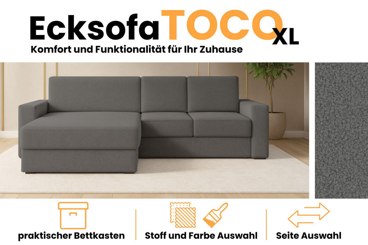 ECKSOFA TOCO XL 275/170 cm in Boucle Dunkelgrau links - Creme, Holz/Holzwerkstoff (275/170cm) - Deine Möbel 24