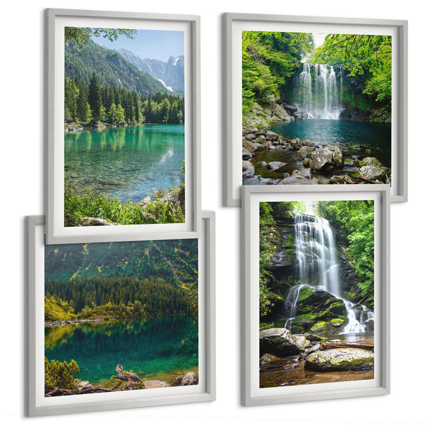 BILDER SET 4er Set - 50x50 cm & 40x60 cm Silberner Rahmen - Wasserfälle in grüner Umgebung - Silberfarben, Kunststoff (50/50cm) - TULUP