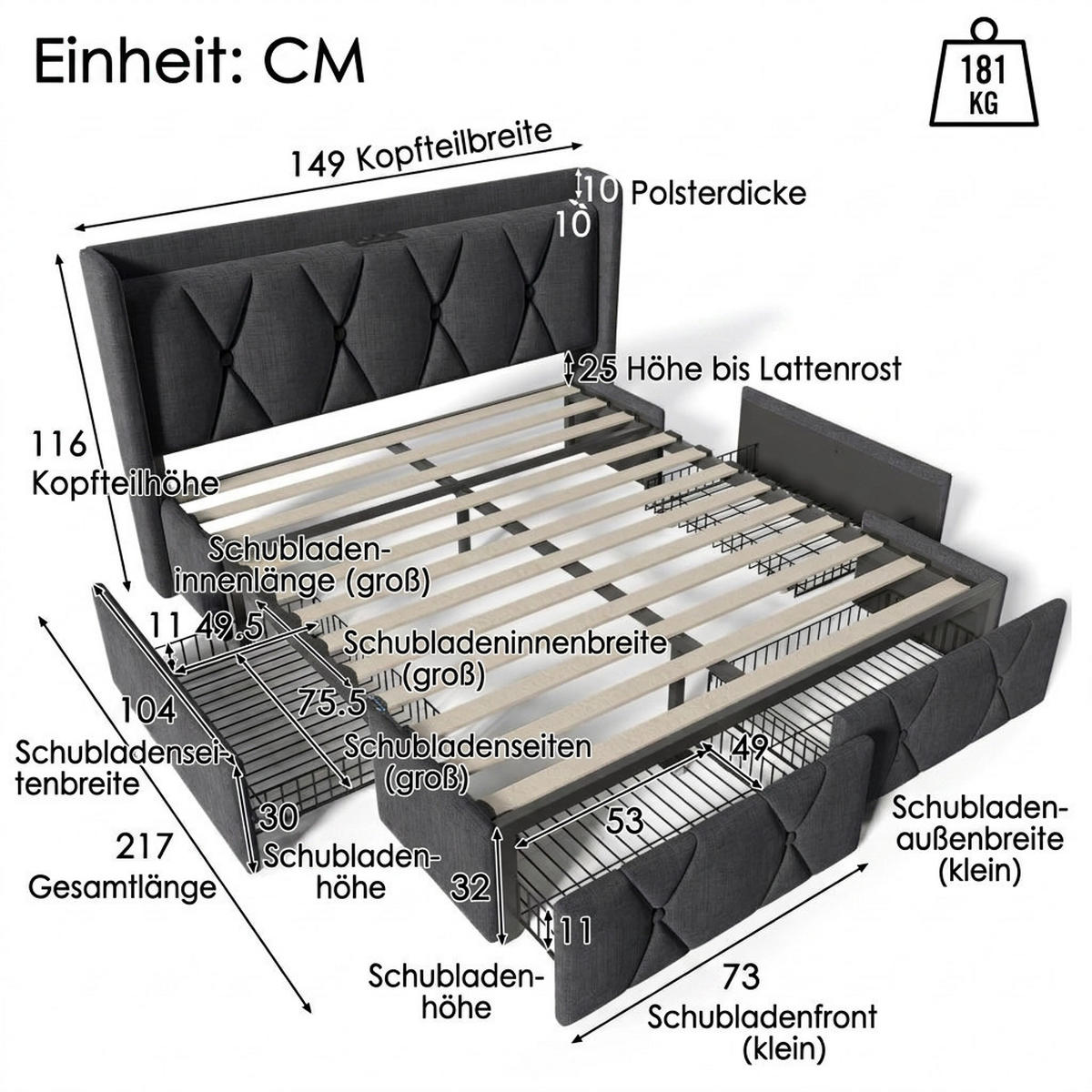 POLSTERBETT 140/200 cm Grau mit aufladen USB Ladefunktion Kopfteil und 4 Schubladen - Grau, Textil (140/200cm) - Oxeza