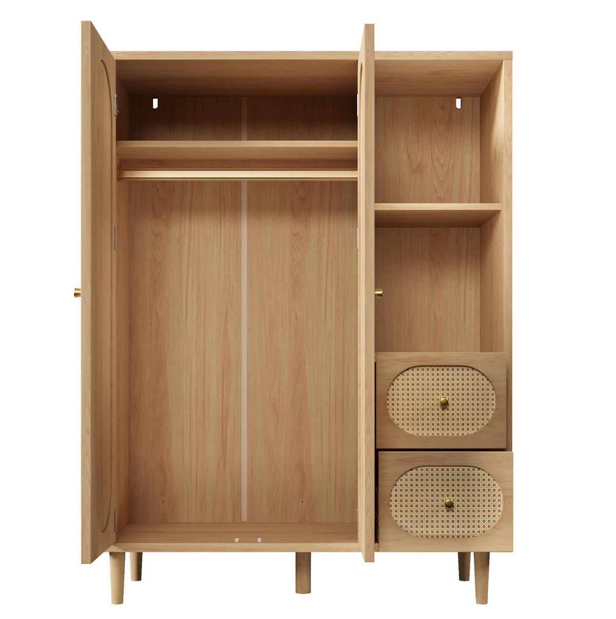 KLEIDERSCHRANK aus Holz 44x120x161 cm Eiche mit 2 Türen, 2 Schubladen, Kleiderstange und offenen Fächern im Landhausstil - Nussbaumfarben, Holzwerkstoff (120/161/44cm) - Modfu