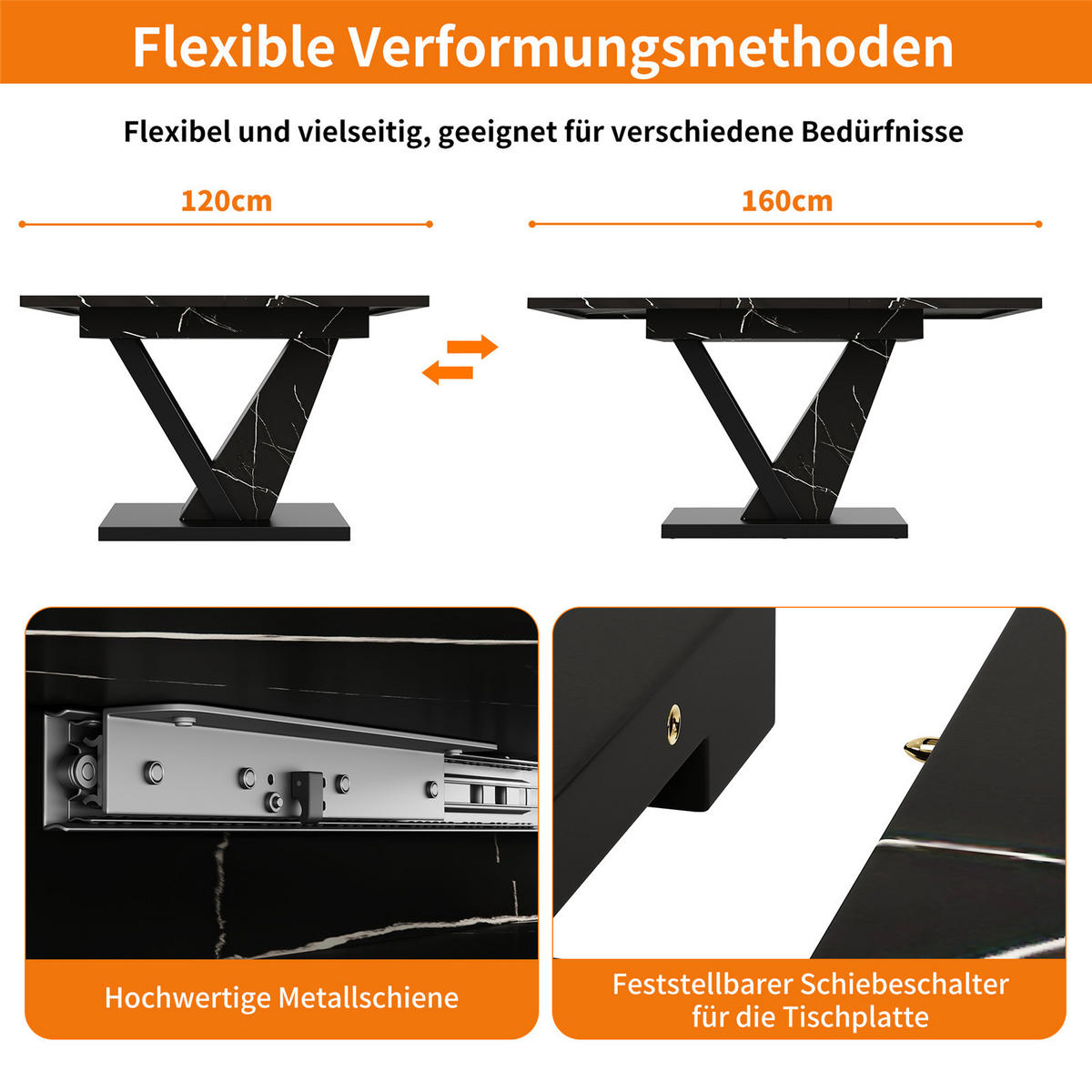 ESSTISCH Ausziehbar 120–160 cm Marmoroptik Schwarz - Schwarz, Holz (160/75/75.5cm) - Kaket