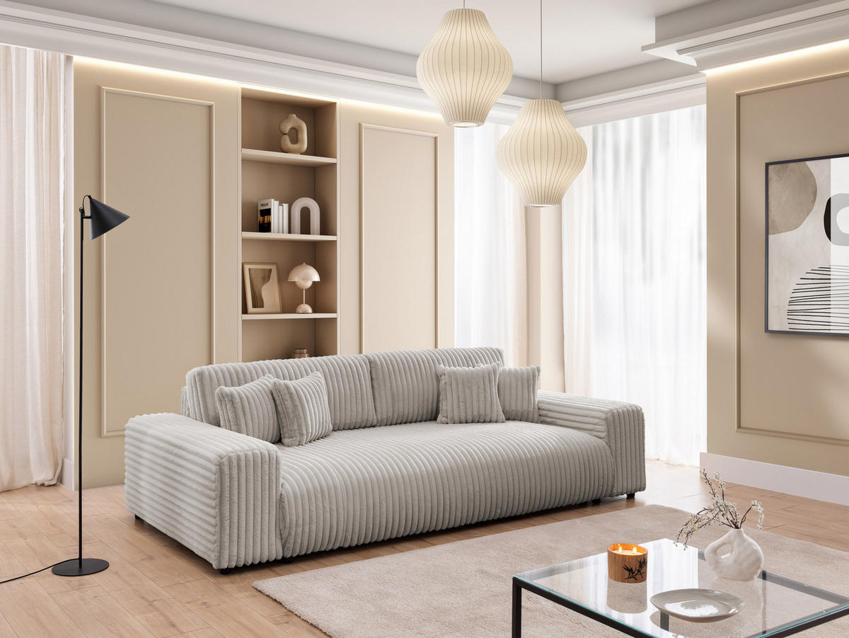 BIGSOFA Mollis Hellgrau Plüschcord mit Schlaffunktion - Hellgrau/Schwarz, Holz/Kunststoff (260/77/124cm) - S-Style Möbel