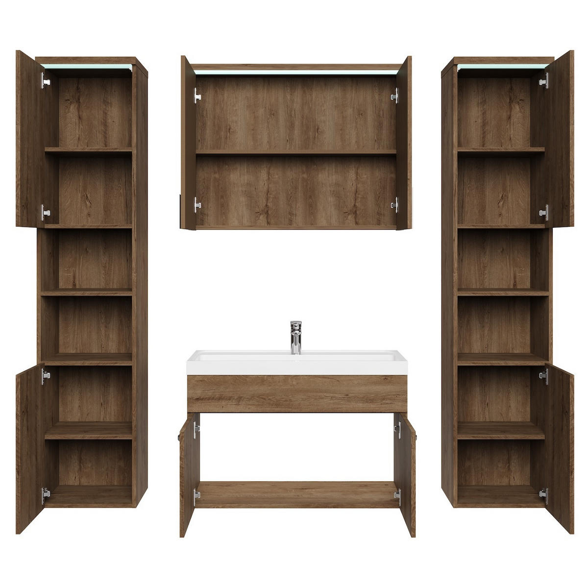 BADMÖBEL-SET Paso LED 5 Teile Braun Eiche - 80 x 35 x 55 cm - Eichefarben/Braun, Holz (80/55/40cm) - Badplaats