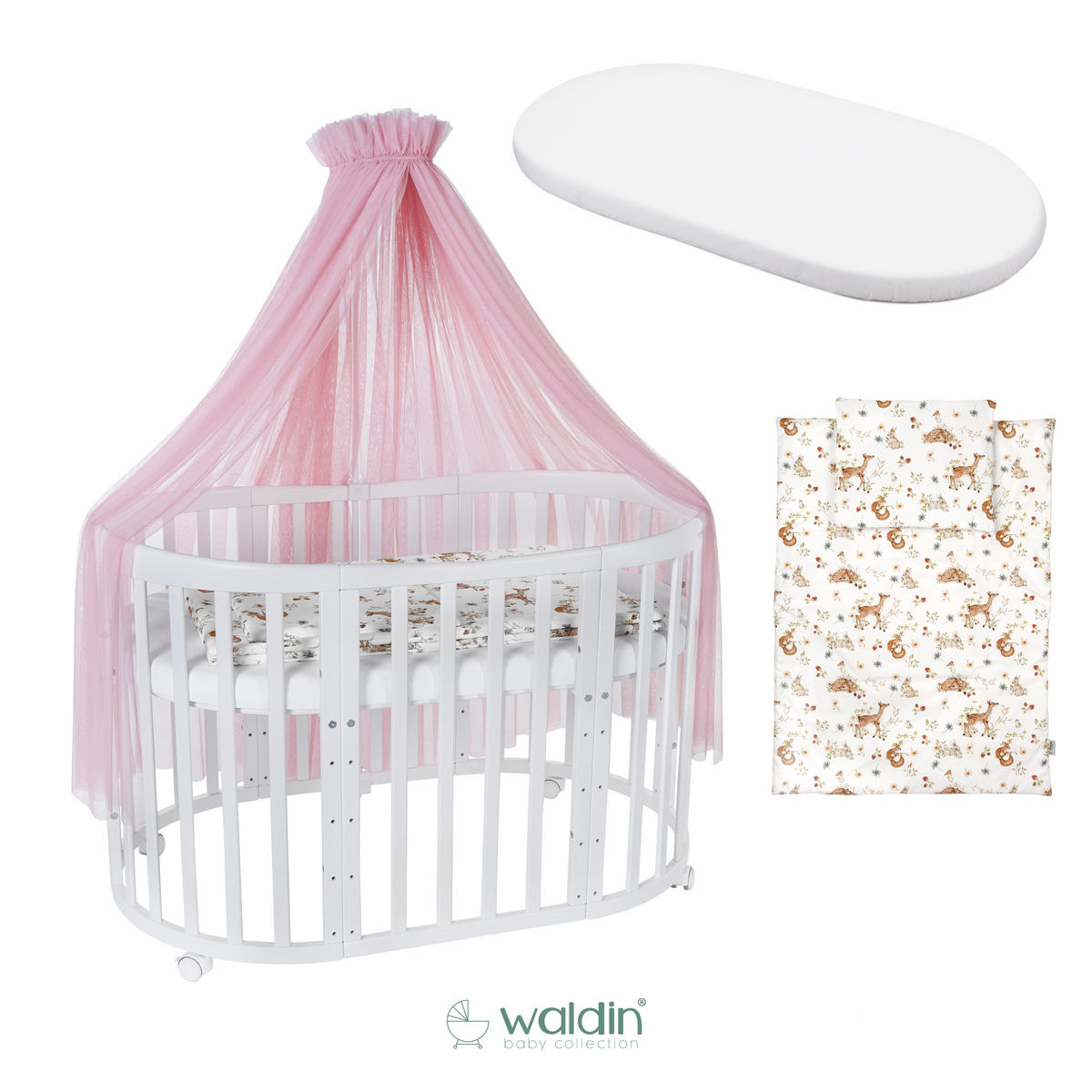 BABYBETT WHITE OVAL 7in1 mit Matratze und Himmelset - Weiß/Rosa, Holz/Textil