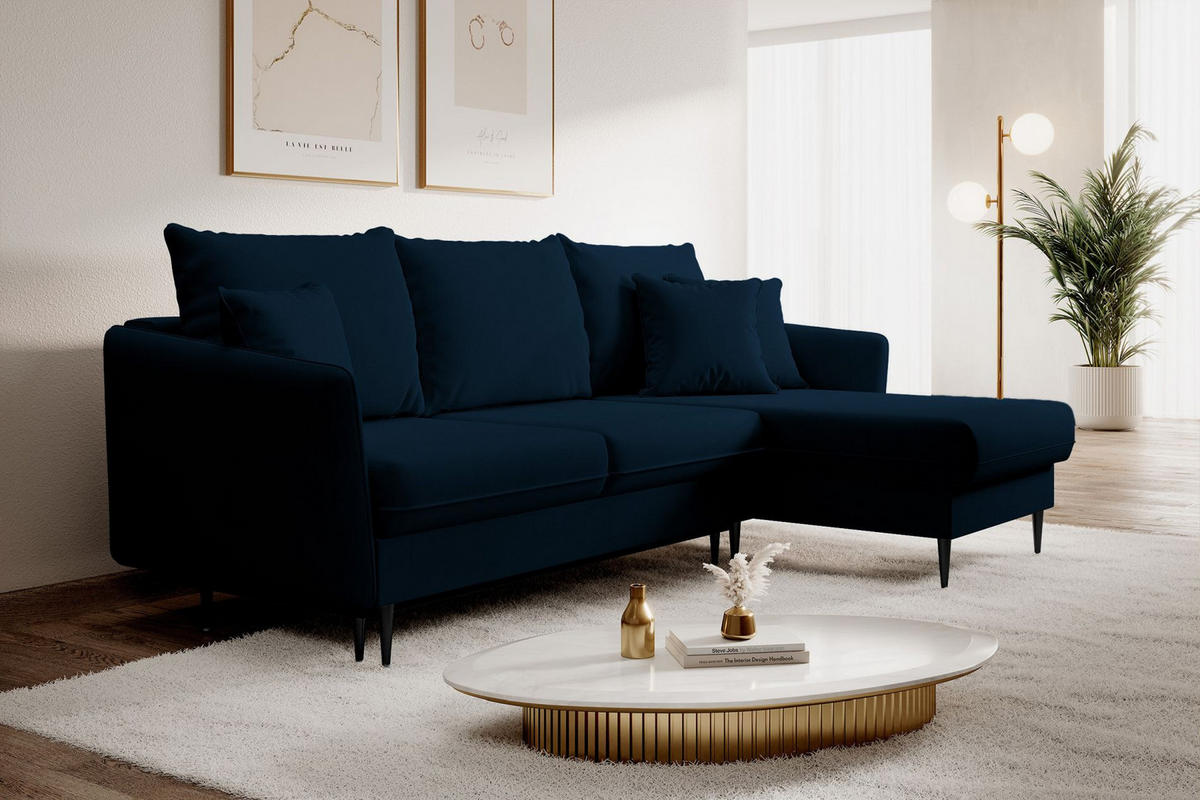 ECKSOFA Volio Dunkelblau Samt 223 cm - Schwarz/Dunkelblau, Textil/Metall (223/145cm) - Selsey
