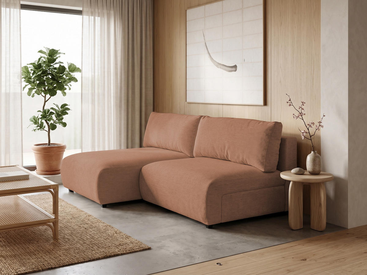 ECKSOFA Sora mit Schlaffunktion, Bettkasten und extra tiefer Komfortzone aus hochwertigem Terrakotta Strukturstoff - Terracotta/Schwarz, Holz/Kunststoff (140/200cm) - S-Style