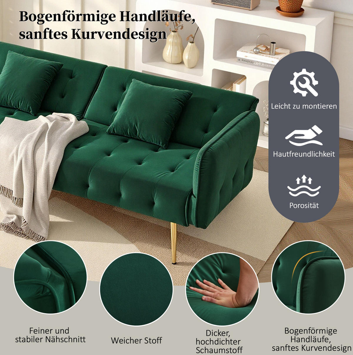2-SITZER Schlafsofa Samt mit verstellbarer Rückenlehne und Armlehnen Grün 178/82/70 cm - Grün, Textil (82/70/178cm) - Redom