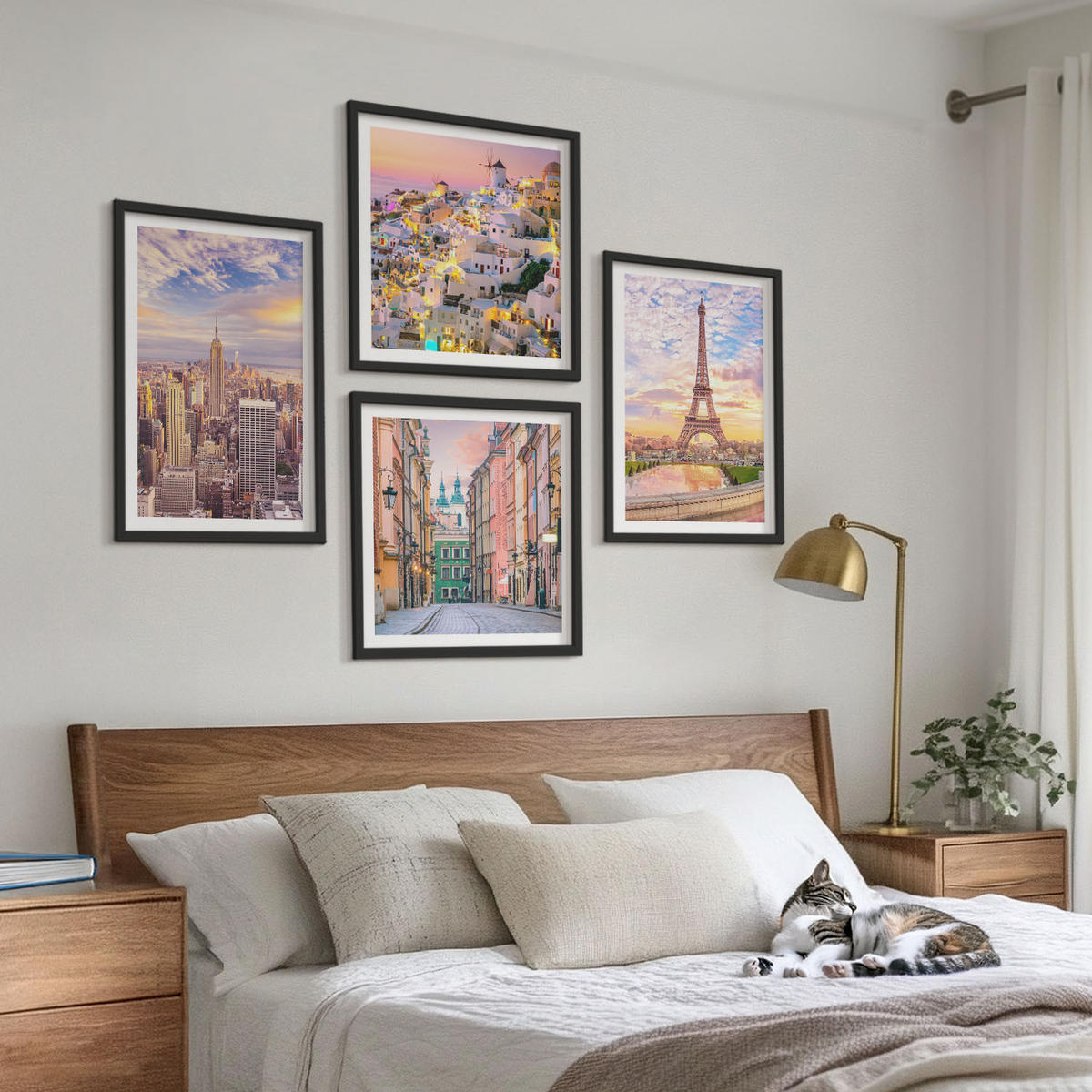 WANDBILDER 4er-Set - 50x50 cm & 40x60 cm Schwarzer Rahmen - New York Paris Oia Warschau Dämmerung - Schwarz, Kunststoff (50/50cm) - ArtPrintCave