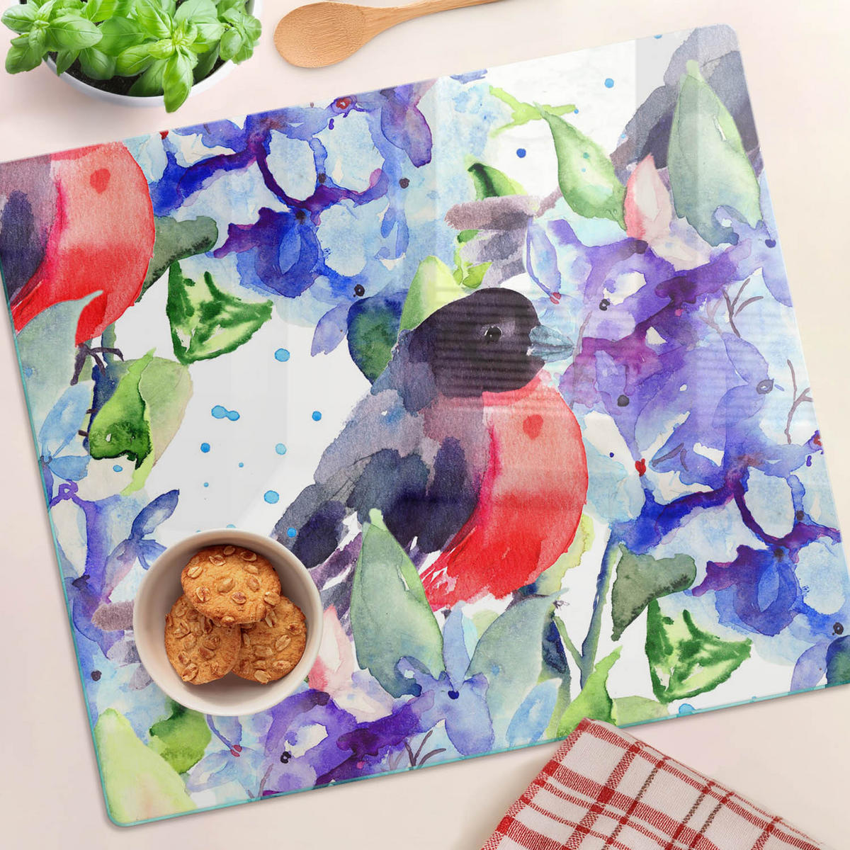 GLASPLATTE 60x52 cm Vogel und Blumen - Gelb/Multicolor, Glas (60/0.4/52cm) - TULUP