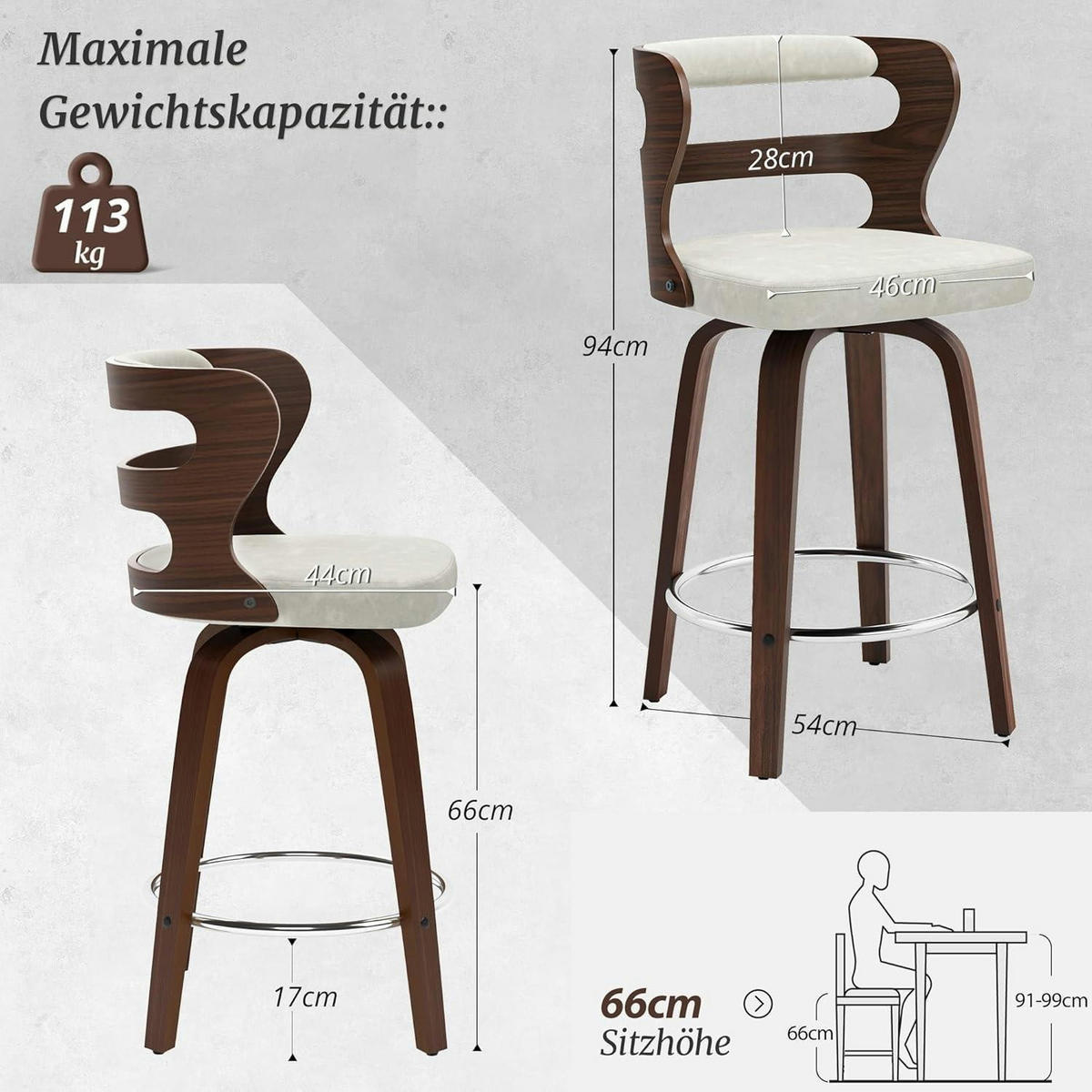 BARHOCKER 2er Set mit Lehne und Armlehnen 66 cm Hoch Holz Kunstleder Beige+Dark Walnut - Beige, Holz (54/94/94cm)