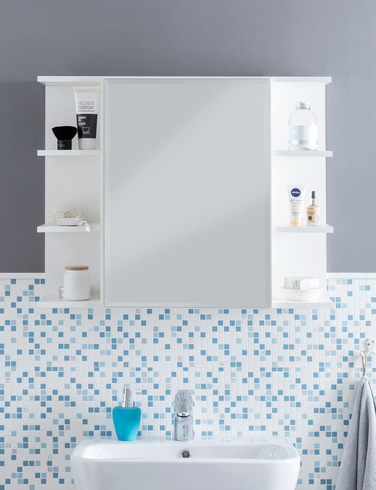 HÄNGESCHRANK Weiß aus Spanplatte mit Spiegel und seitlichen Ablagen 80x64,5x20 cm - Weiß, Holz (80/65/20cm) - KADIMA DESIGN