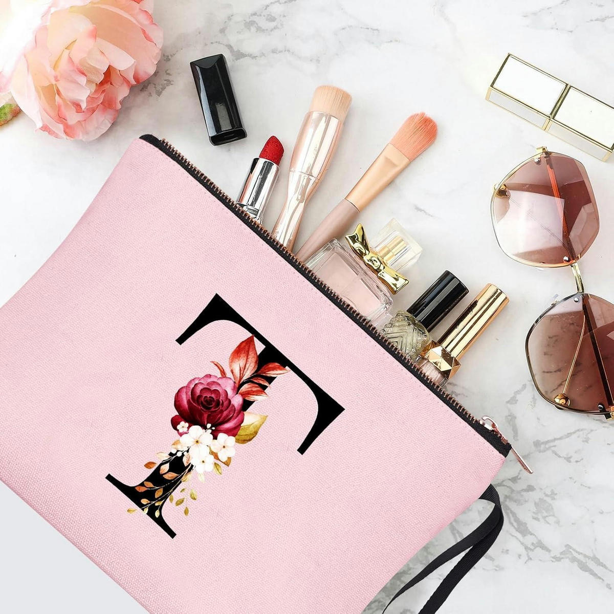 KOSMETIKTASCHE mit Initial T und Blumenprint Pink - Rosa, Textil (5/16/24cm)