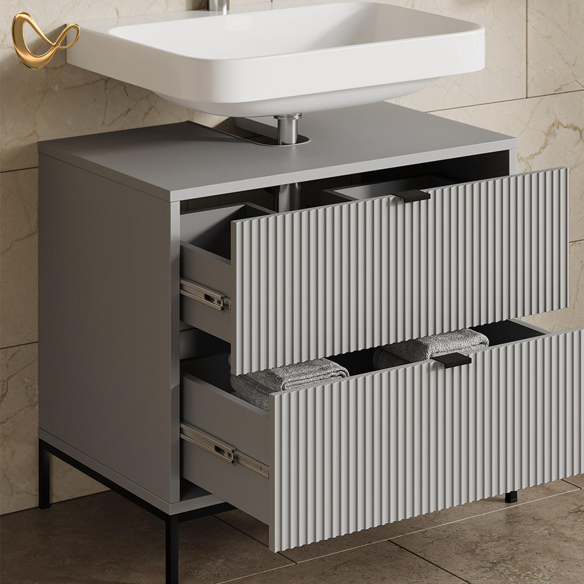 WASCHBECKENUNTERSCHRANK Aterno Grau 70 x 63 cm mit 2 ausziehbaren Schubladen - Grau, Holzwerkstoff (70/63/45.1cm) - Livinity®