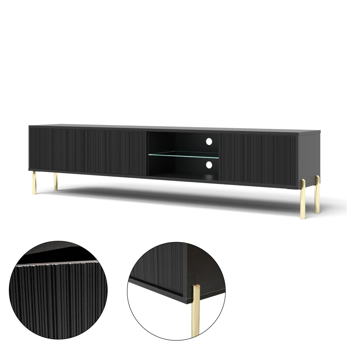 TV-SCHRANK Noxy 175x47x31,6 cm - Lowboard mit Stauraum - Tv Ständer aus Laminierter Spanplatte - Schwarz - Schwarz, Holzwerkstoff (180/55/40cm) - Chilly