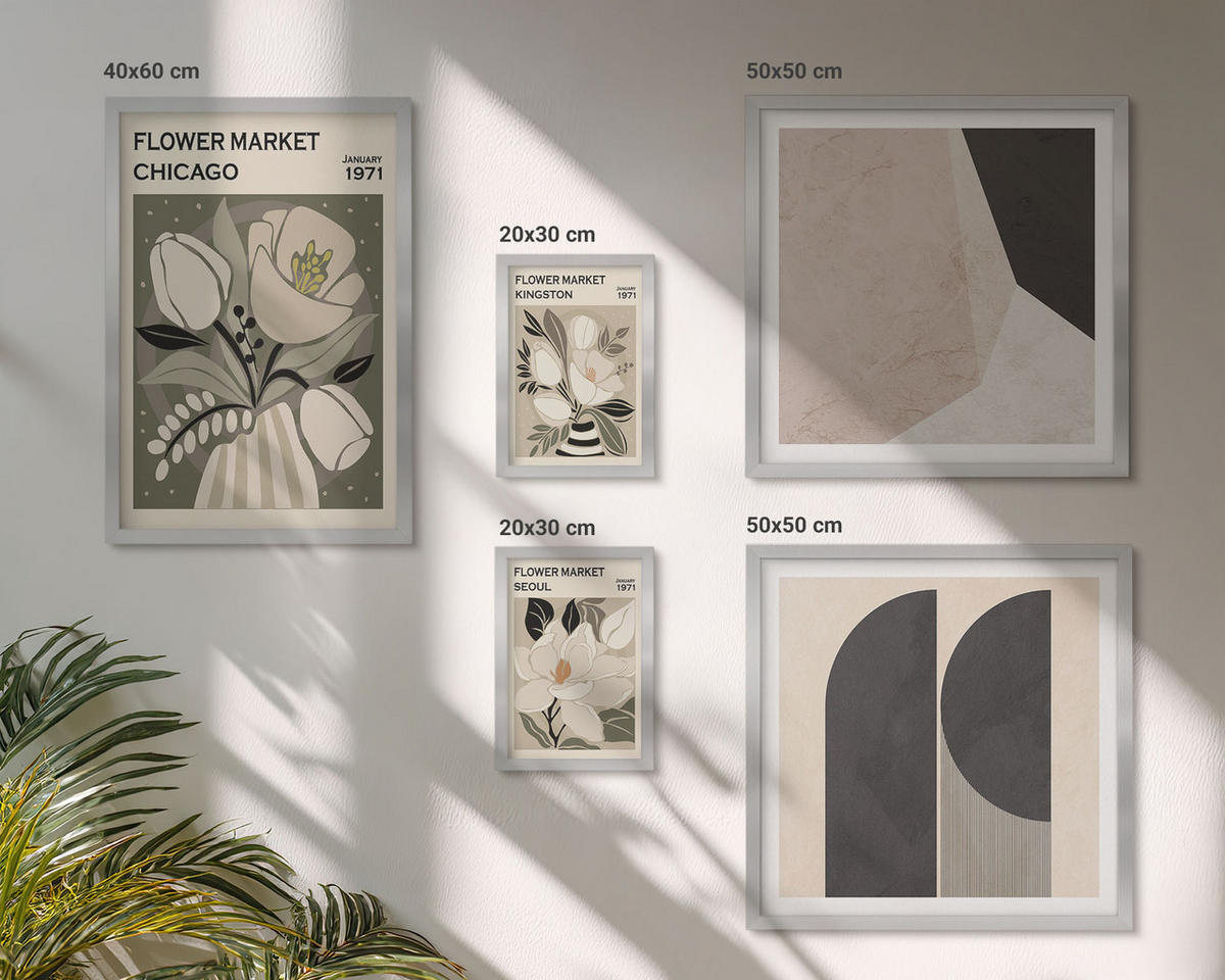 BILDER SET 5er Set - 50x50 cm & 20x30 cm & 40x60 cm Silberner Rahmen - Kingston Seoul Retro-Blumen - Silberfarben, Kunststoff (40/60cm) - TULUP