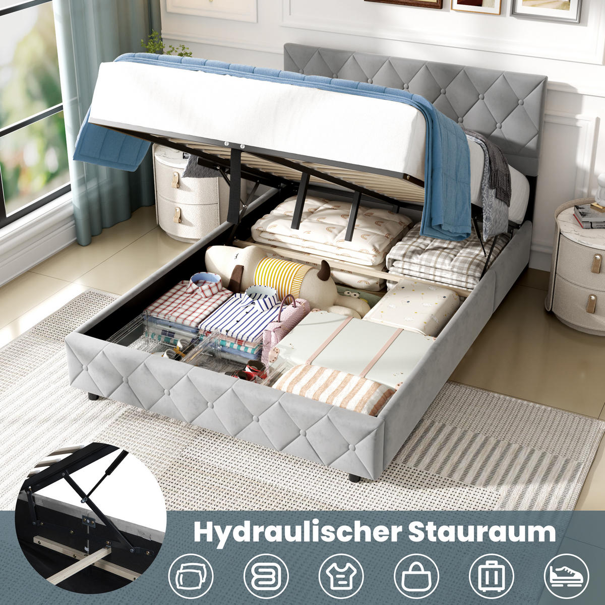 POLSTERBETT aus Samt 140x200 cm Grau mit hydraulischem Stauraum - Grau, Textil (140/200cm) - Modfu