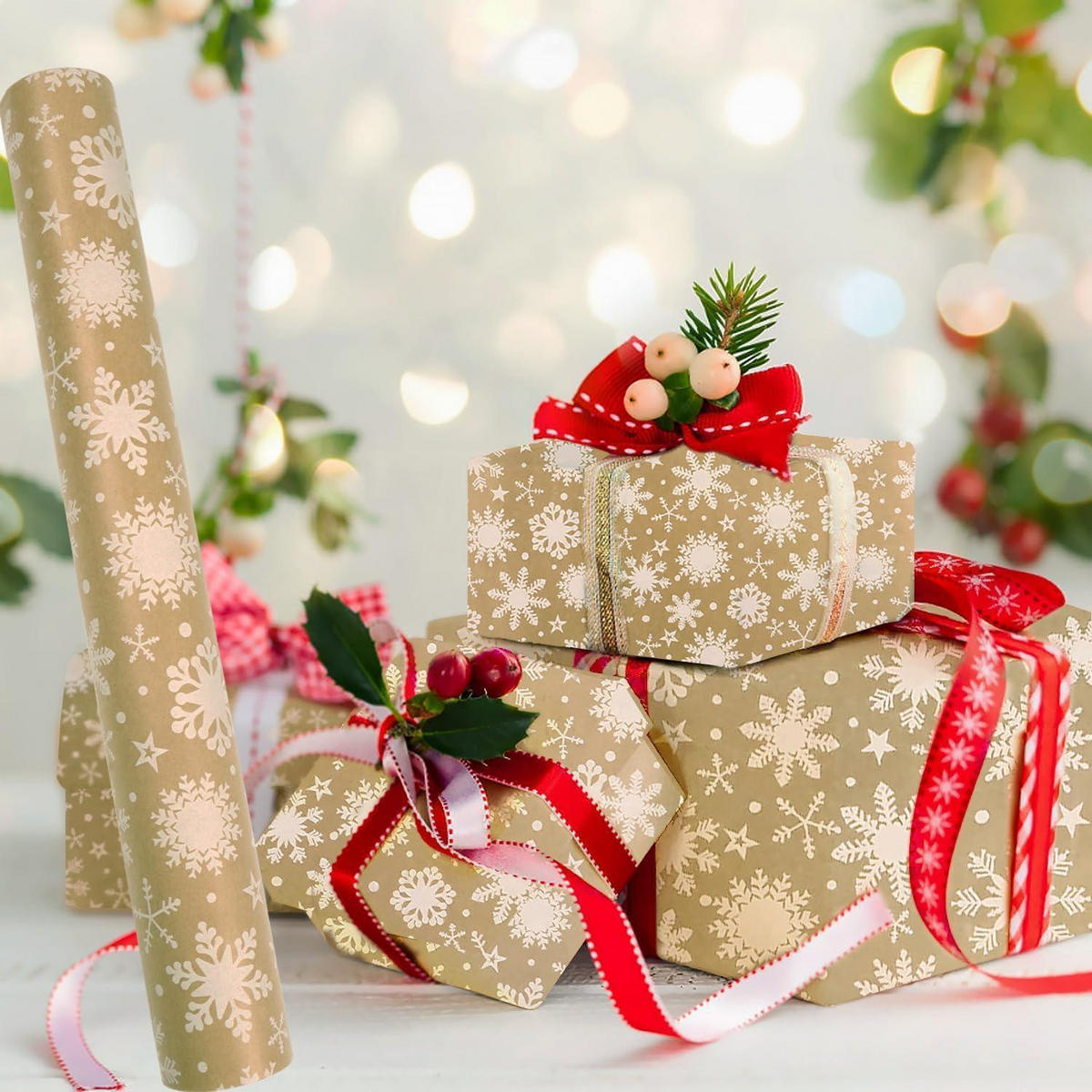 GESCHENKPAPIER Rolle 43 cm x 15 m Schneeflockenmuster Kraftpapier - Braun, Papier (43/0.1/1500cm)