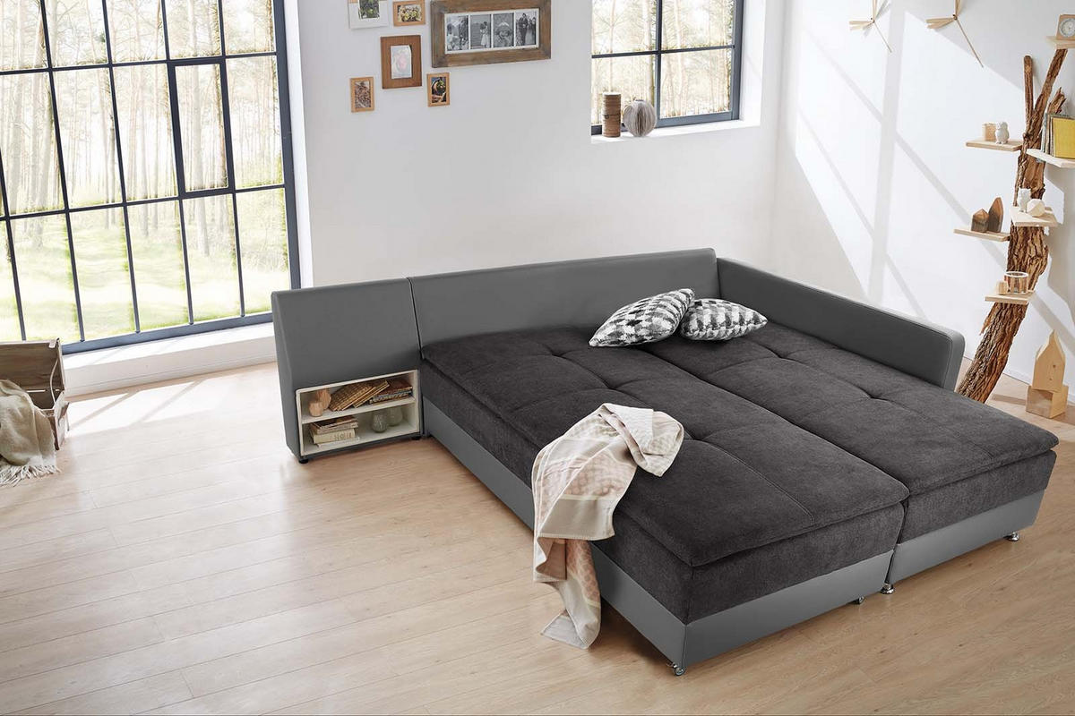 ECKSOFA-DAUERSCHLÄFER Doppelbett Boxspring Federkern Topper, Schwenkteil links B306/T223/H95 cm, Kunstleder Grau+Mikrofaser Anthrazit / 15105 - Chromfarben/Anthrazit, Textil/Metall (306/223cm) - luma-home