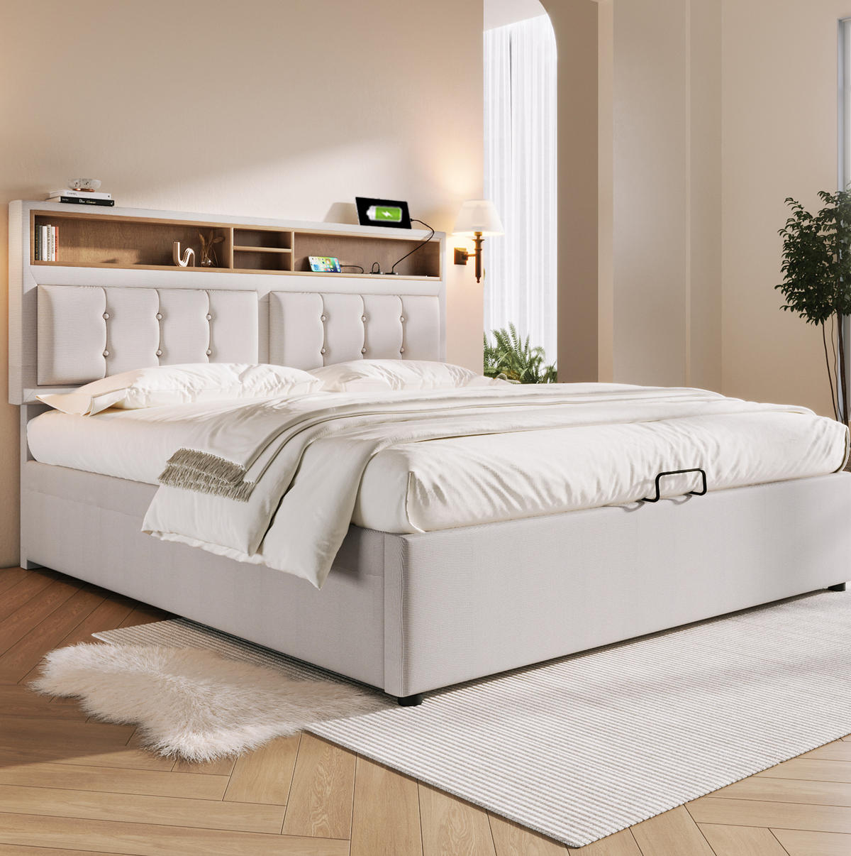POLSTERBETT 140/200 cm Beige mit Stauraum und USB- und Type-C-Anschlüssen - Beige, Textil (140/200cm) - Flora Grace
