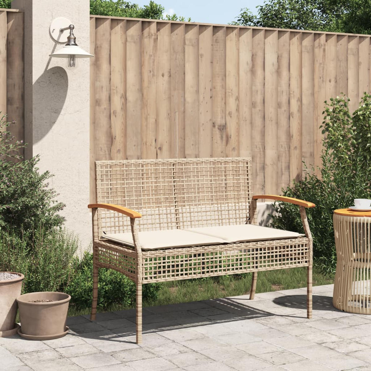 GARTENBANK mit Kissen Beige Poly Rattan Akazienholz - Beige, Kunststoff (108/85/57cm) - furnicato