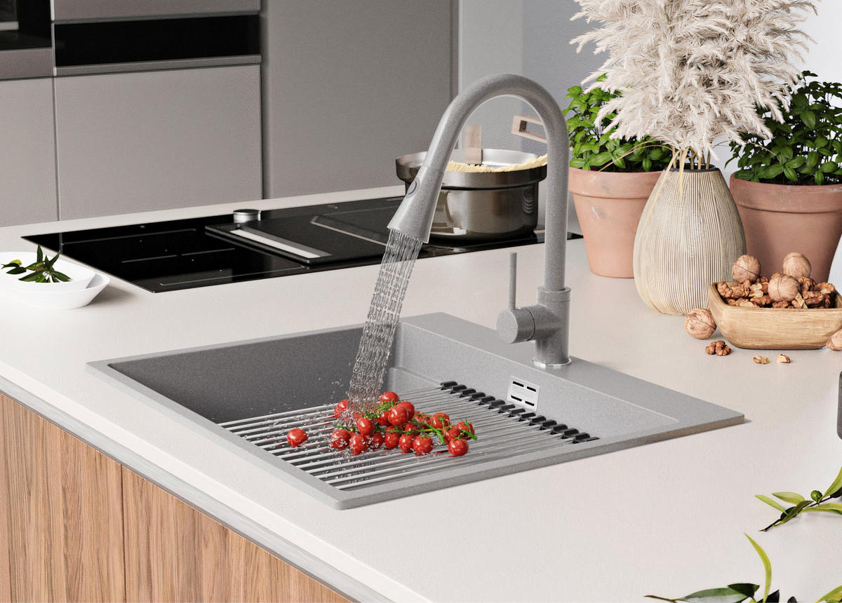 GRANITSPÜLE Oslo Max, 2-er set Grau 58/53 cm 1 Becken + Küchenarmatur 38/14 cm + Ablauf-Set + Aufrollbare Abtropffläche ab 60er Unterschrank - Chromfarben/Grau, Kunststoff (58/20/53cm) - Primagran